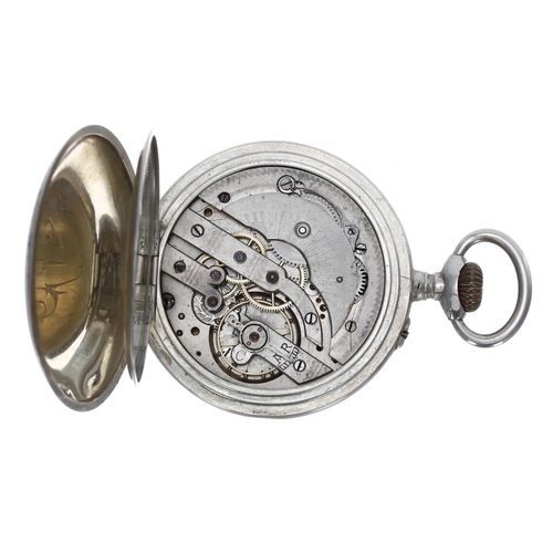 978 - White metal 'Jump Hour' pocket watch with 'Fly Back' minutes, bar lever movement with compensated ba... 