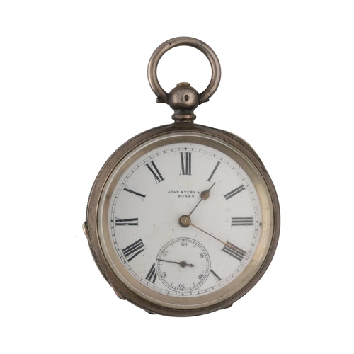 1019 - John Myers & Co. - silver (0.935) cylinder engine turned pocket watch, inscribed hinged cuvette,... 