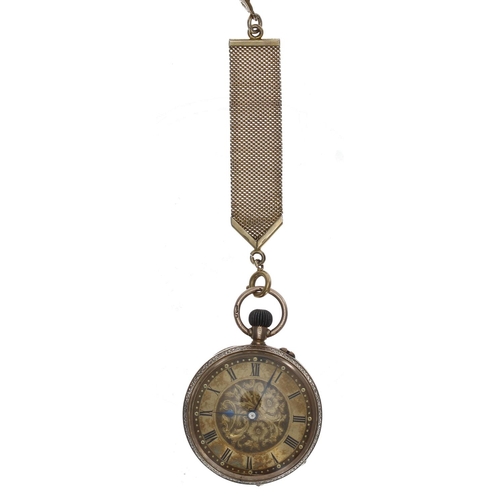 1029 - 9ct cylinder engraved fob watch, import hallmarks London 1908, gilt frosted bar movement, 9ct hinged... 