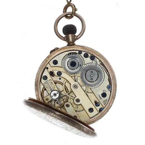 1029 - 9ct cylinder engraved fob watch, import hallmarks London 1908, gilt frosted bar movement, 9ct hinged... 