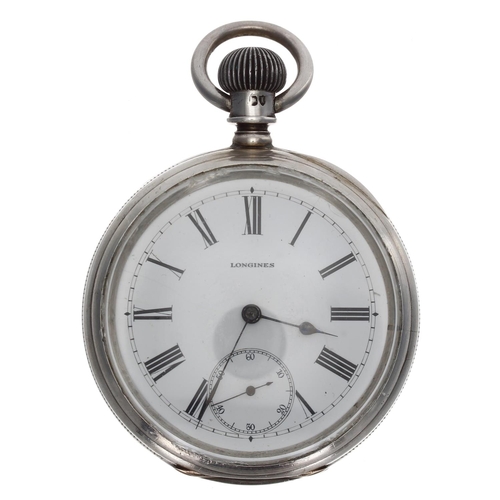 1032 - Longines - silver lever set pocket watch, London 1884, signed movement with compensated balance and ... 