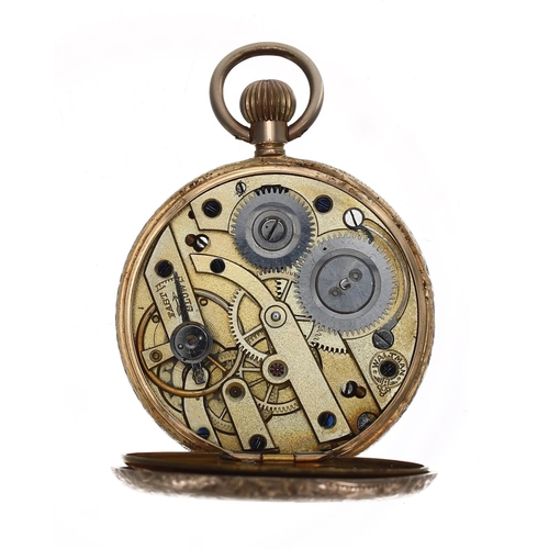 1040 - Waltman - 14ct cylinder engraved fob watch, the gilt frosted bar movement signed Waltman, metal hing... 