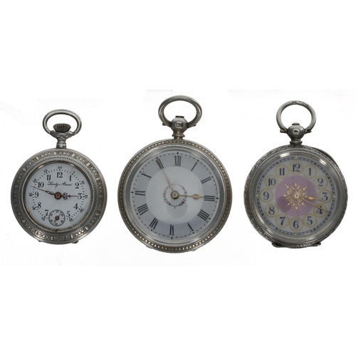 1087 - Silver (0.800) Lady Ann cylinder engraved fob watch, 33mm; together with a silver cylinder floral en... 