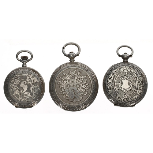 1087 - Silver (0.800) Lady Ann cylinder engraved fob watch, 33mm; together with a silver cylinder floral en... 