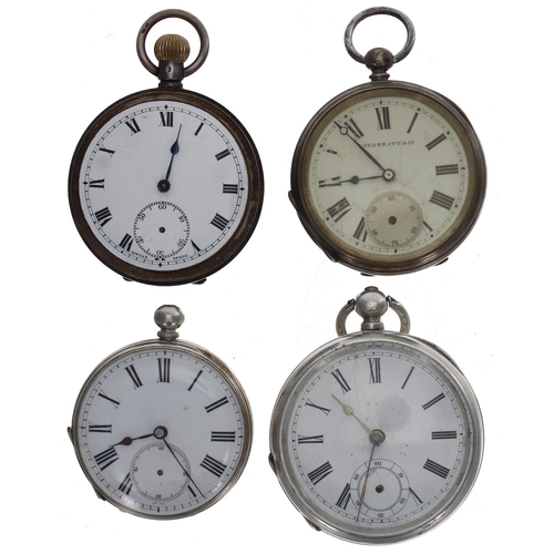 1084 - Two silver lever pocket watches (one lacking bezel and glass); together with two silver cylinder eng... 