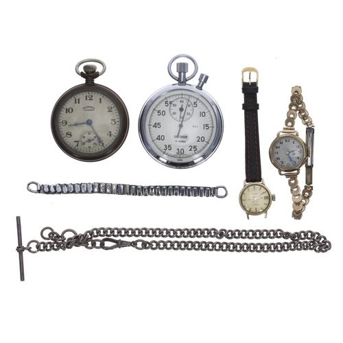 1076 - Sekonda chrome cased pocket stopwatch, 55mm; together with a Ingersoll Triumph pocket watch for repa... 