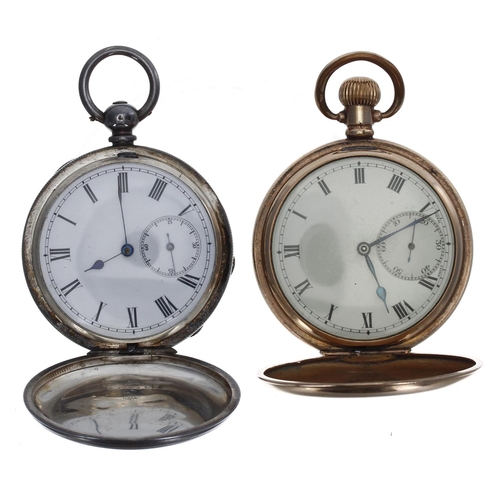 1071 - Swiss gold plated lever hunter pocket watch, unsigned movement, hinged cuvette, Roman numeral dial, ... 