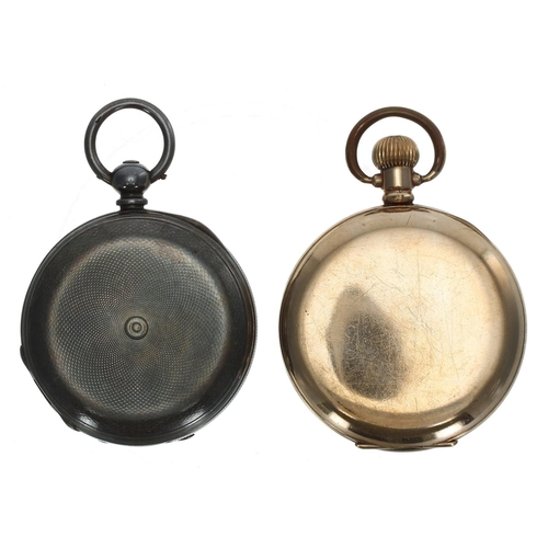 1071 - Swiss gold plated lever hunter pocket watch, unsigned movement, hinged cuvette, Roman numeral dial, ... 