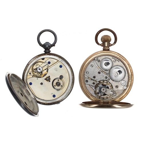 1071 - Swiss gold plated lever hunter pocket watch, unsigned movement, hinged cuvette, Roman numeral dial, ... 