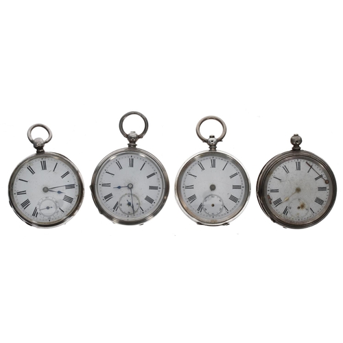 1109 - American Waltham silver lever pocket watch for repair; together with three silver cylinder pocket wa... 