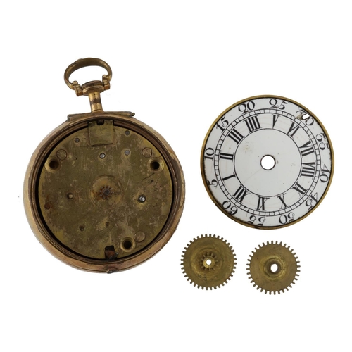 1117 - Pink, London - English 18th century gilt metal verge repousse pair cased pocket watch for repair, no... 