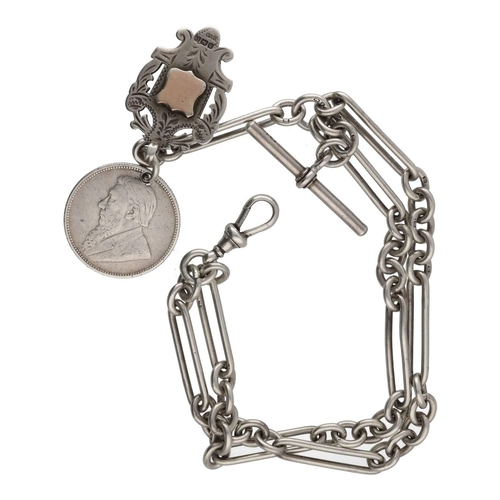 1051 - Silver Figaro link double watch Albert chain, with silver T-bar, silver clasp, silver medallion fob ... 