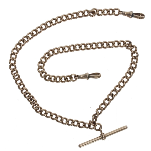 1052 - Good 9ct curb link double watch Albert chain, with 9ct T-bar and two 9ct clasps, 42.4gm, 17.25'' lon... 