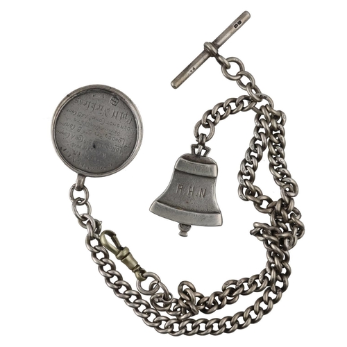 1053 - Silver curb link double watch Albert chain, with silver T-bar, silver bell fob engraved 'R.H.N', sil... 