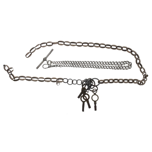 1063 - Silver graduated curb link watch Albert chain, with silver T-bar and clasp, 11'' long approx; togeth... 