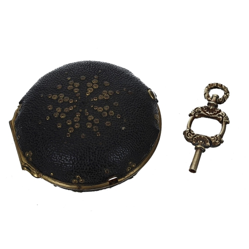 1068 - 18th century gilt-metal and shagreen pocket watch outer case, with studwork decoration, 48mm; with a... 