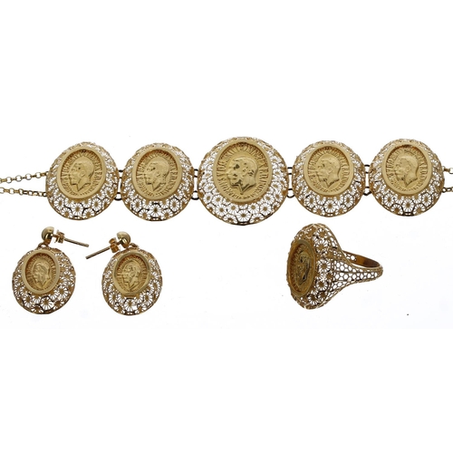 151 - High grade yellow metal oval coin style necklet, bracelet, ring and earrings, 79.2gm (6)... 