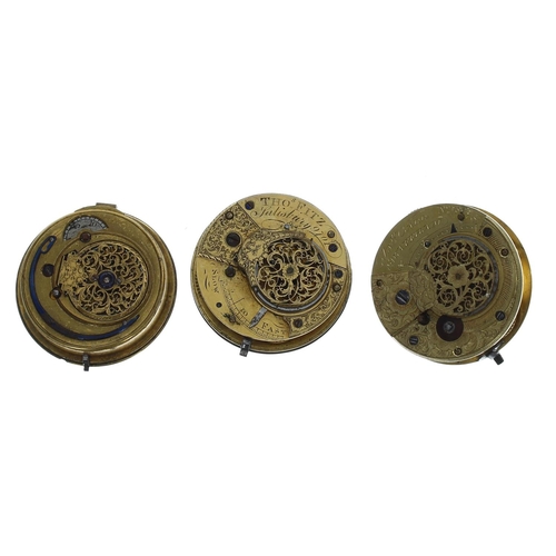 1124 - Three fusee verge pocket watch movements, makers Wightwick & Moss, London; Jon Carr, Swaffham; T... 