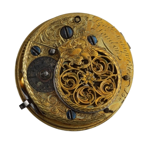 1126 - Small fusee verge pocket watch movement, signed Lew's Masquesier, London, no. 157, with pierced engr... 