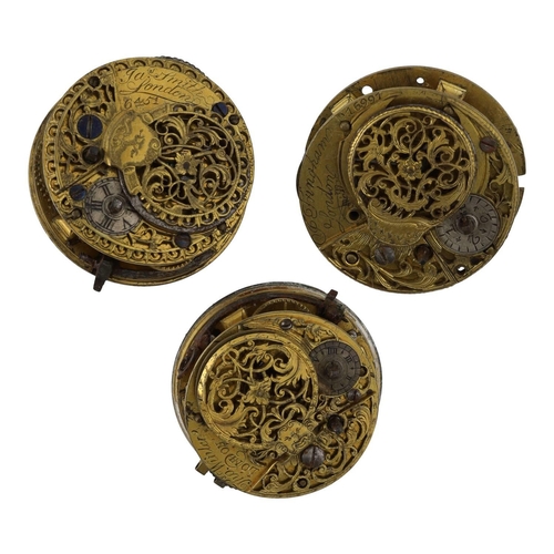 1127 - Three fusee verge pocket watch movements for repair, makers Jas Smith, London; Thos Winler, London; ... 