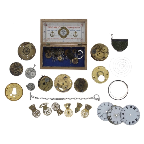 1130 - Assortment of principally pocket watch parts to include fusee chain, fusee cones, verge escapements,... 