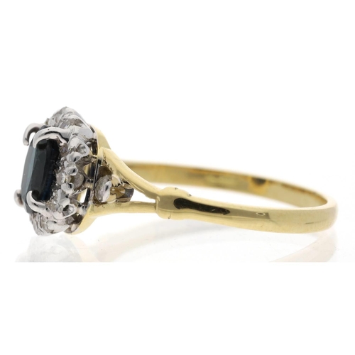 117 - 18ct yellow gold sapphire and diamond oval cluster ring, the sapphire 0.60ct approx, width 10mm, 3.2... 