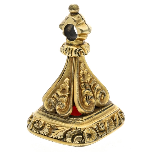 119 - Antique gilt metal fob seal with a carnelian matrix, 36mm (610)