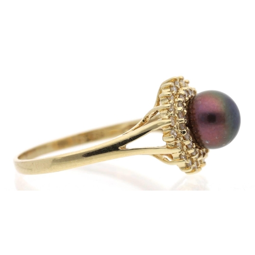 131 - 14ct yellow gold diamond and black pearl cluster ring, the pearl 8mm, 3.4gm, ring size R (623)... 