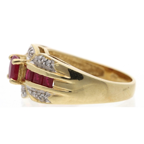 132 - 14ct yellow gold ruby and diamond dress ring, width 10mm, 4.8gm, ring size K/L (624)... 