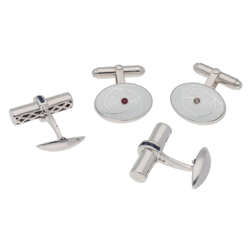 137 - Pair of modern 9ct white gold sapphire set cufflinks (one stone missing), 9.1gm; with assorted silve... 