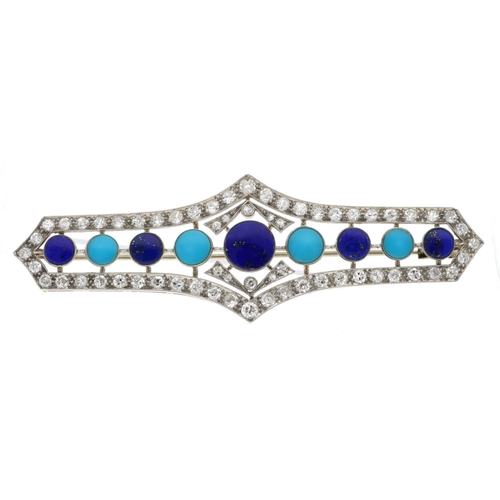 Attractive white metal diamond, turquoise and lapis lazuli openwork brooch, 13.4gm, 74mm wide (522)