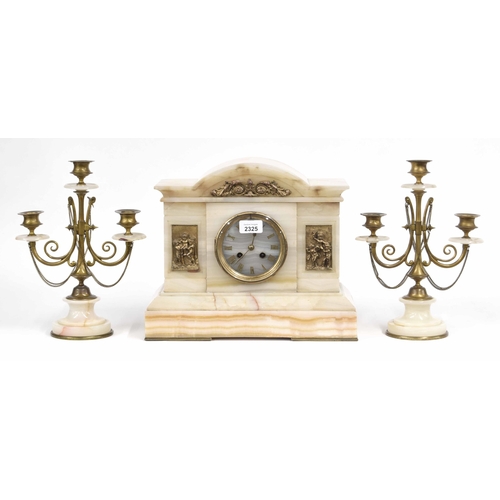 2325 - French white and orange veined onyx two train mantel clock garniture striking on a gong, within a ro... 