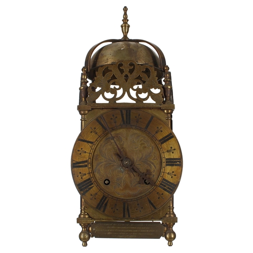 1331 - Brass two train lantern clock case with later movement, the 6.5