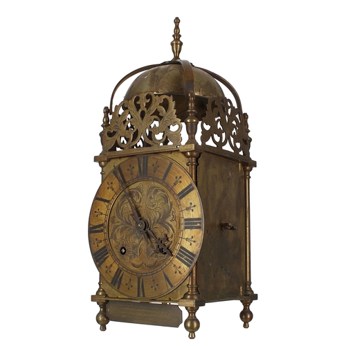 1331 - Brass two train lantern clock case with later movement, the 6.5