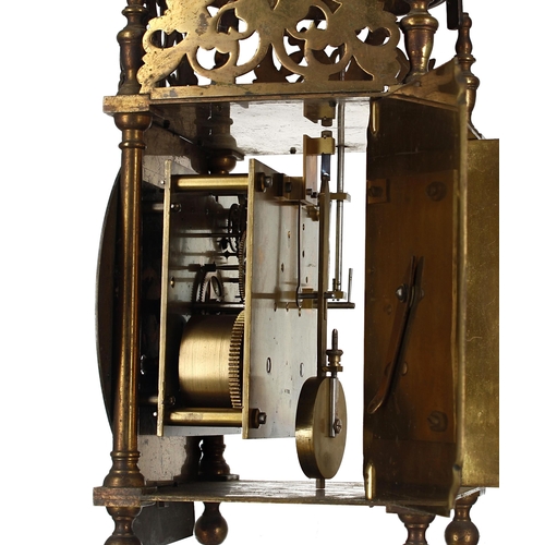 1331 - Brass two train lantern clock case with later movement, the 6.5