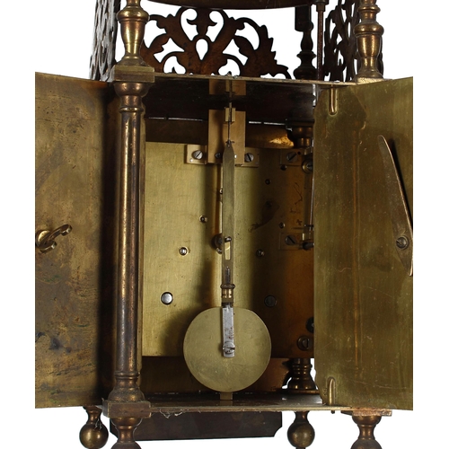 1331 - Brass two train lantern clock case with later movement, the 6.5