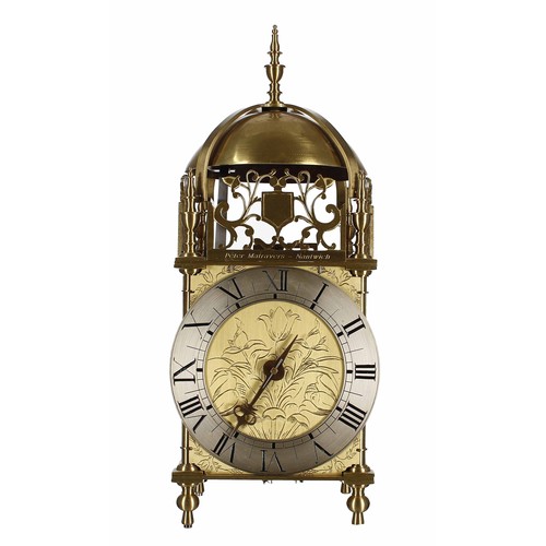 1332 - Contemporary brass verge lantern clock signed Peter Mairavers, Nantwich on the front fret, over a si... 