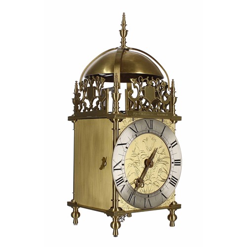 1332 - Contemporary brass verge lantern clock signed Peter Mairavers, Nantwich on the front fret, over a si... 