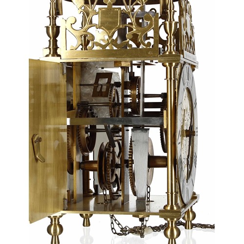 1332 - Contemporary brass verge lantern clock signed Peter Mairavers, Nantwich on the front fret, over a si... 