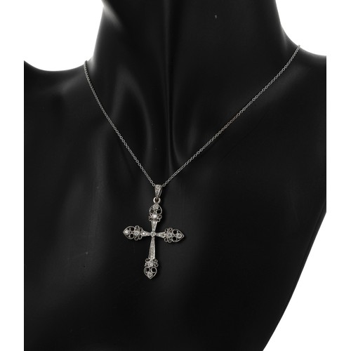 162 - 18ct white gold diamond set cross on necklet, the pendant 39mm x 26mm approx, 4.2gm (21)... 