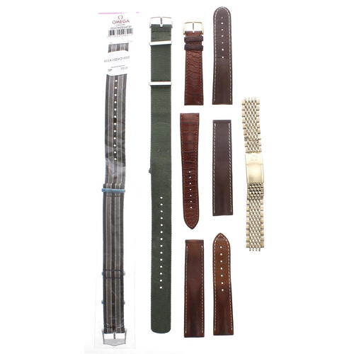 793 - Omega - Three Omega leather wristwatch straps; together with an Omega green NATO style strap; Omega ... 