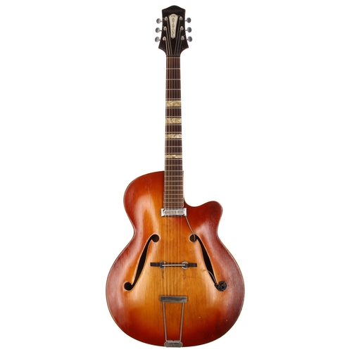 719 - 1950s Besson Aristone archtop guitar, made in Germany; Body: two-tone sunburst finish, heavy buckle ... 