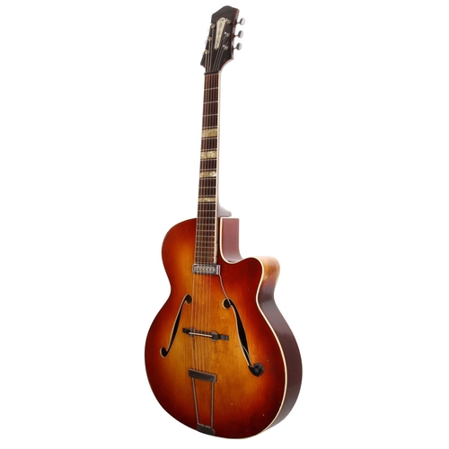 719 - 1950s Besson Aristone archtop guitar, made in Germany; Body: two-tone sunburst finish, heavy buckle ... 