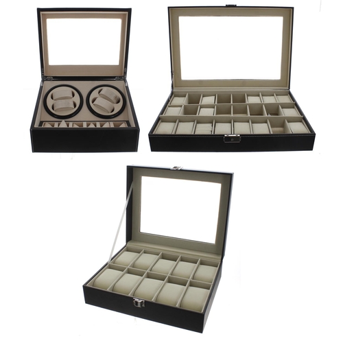 781 - Automatic watch winder display case, glazed hinged lid and cream interior with two bi-directional wi... 