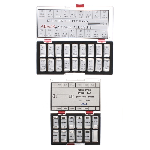 816 - Rolex style spring bars, various sizes, within a plastic storage case; together with screw pins for ... 