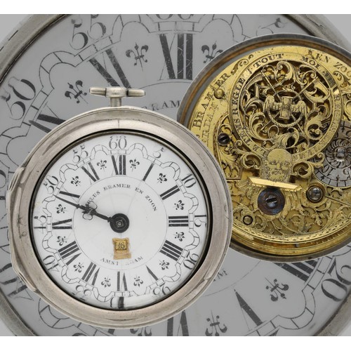 Paulus Bramer En Zoom, Amsterdam - Dutch 18th century silver pair cased verge calendar pocket watch, signed fusee movement, sprung three-arm balance, pierced and engraved winged balance cock and foot, silvered regulating dial and square baluster pillars, signed enamel dial with Roman numerals and outer arcaded Arabic minute chapter, calendar phase aperture with steel beetle and poker hands, bullseye glass, plain cases, 52mm