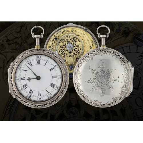 William Moore, London - mid-18th century English quarter repeating silver pair cased verge pocket watch, the fusee movement signed W'M Moore, London, no.1967, sprung flat steel balance, pierced and engraved winged balance cock and foot, rose diamond endstone, silvered regulating dial and baluster pillars, plunge repeat with hammers striking on a bell to the inner case, enamel white dial with Roman numerals, outer Arabic minute chapter, steel beetle and poker hands, bullseye glass, matching pierced cases with engraved foliate decoration, 58mm (the timepiece requires attention)        