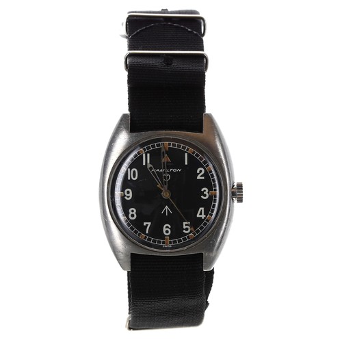 323 - Hamilton British Military Army issue stainless steel wristwatch, circa 1973, black dial with Militar... 