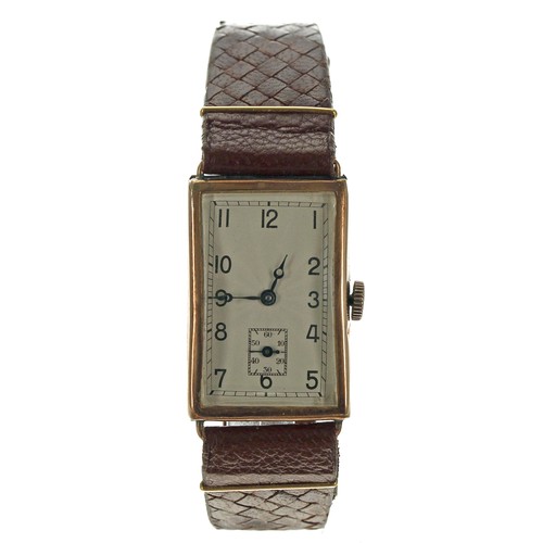 345 - 1930s 9ct rectangular gentleman's wristwatch, London 1934, rectangular silvered guilloche dial with ... 