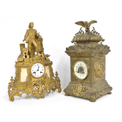 2311 - French gilt metal and white marble mounted two train figural mantel clock, the 3.5